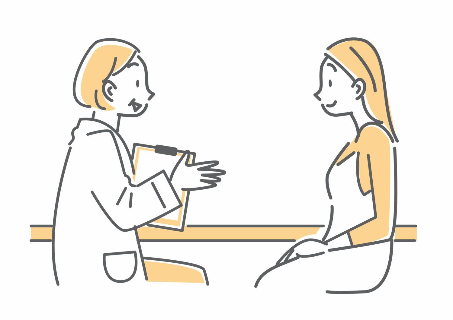 不倫慰謝料請求について、女性二人が向かい合って座って話している。右側の女性が質問をし、左側の女性弁護士が答えている図