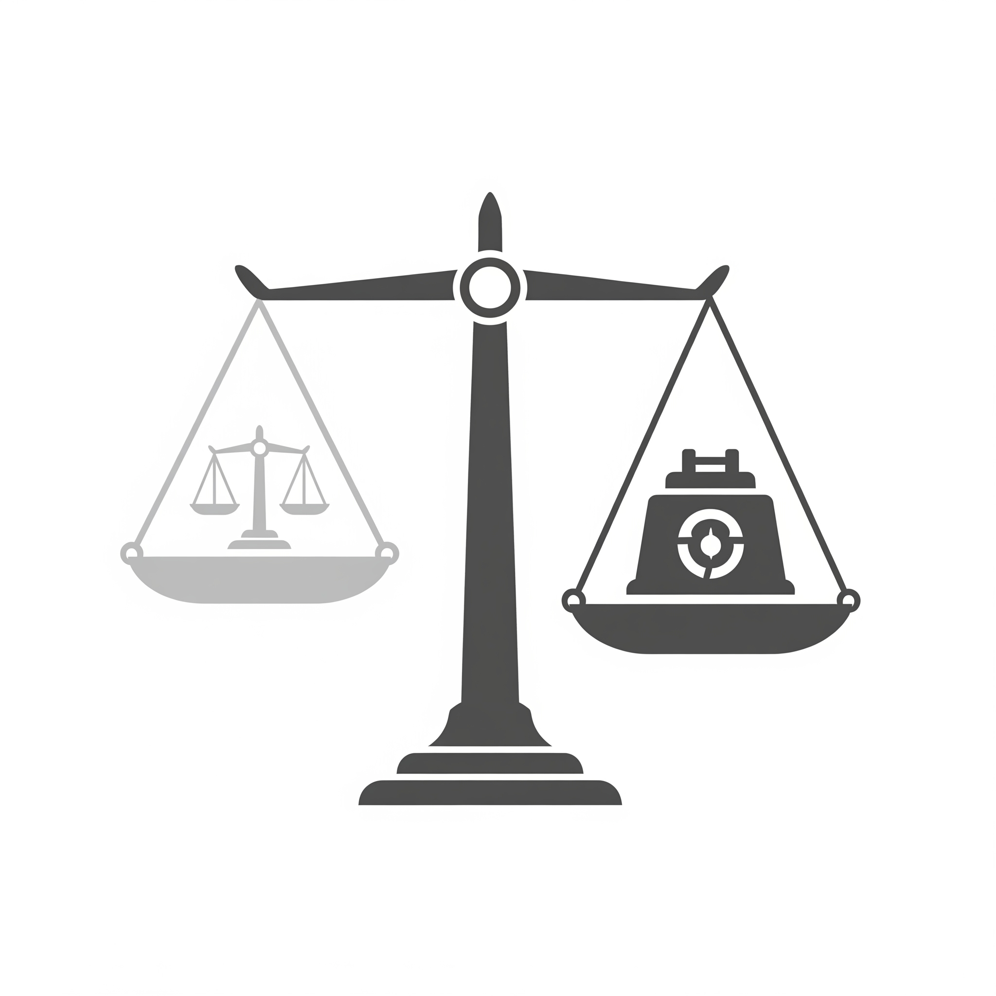 利息制限法」と「出資法」という2つの法律が乗って、不均衡に傾いている天秤のイラスト。過払い金の原因であるグレーゾーン金利の矛盾を象徴。