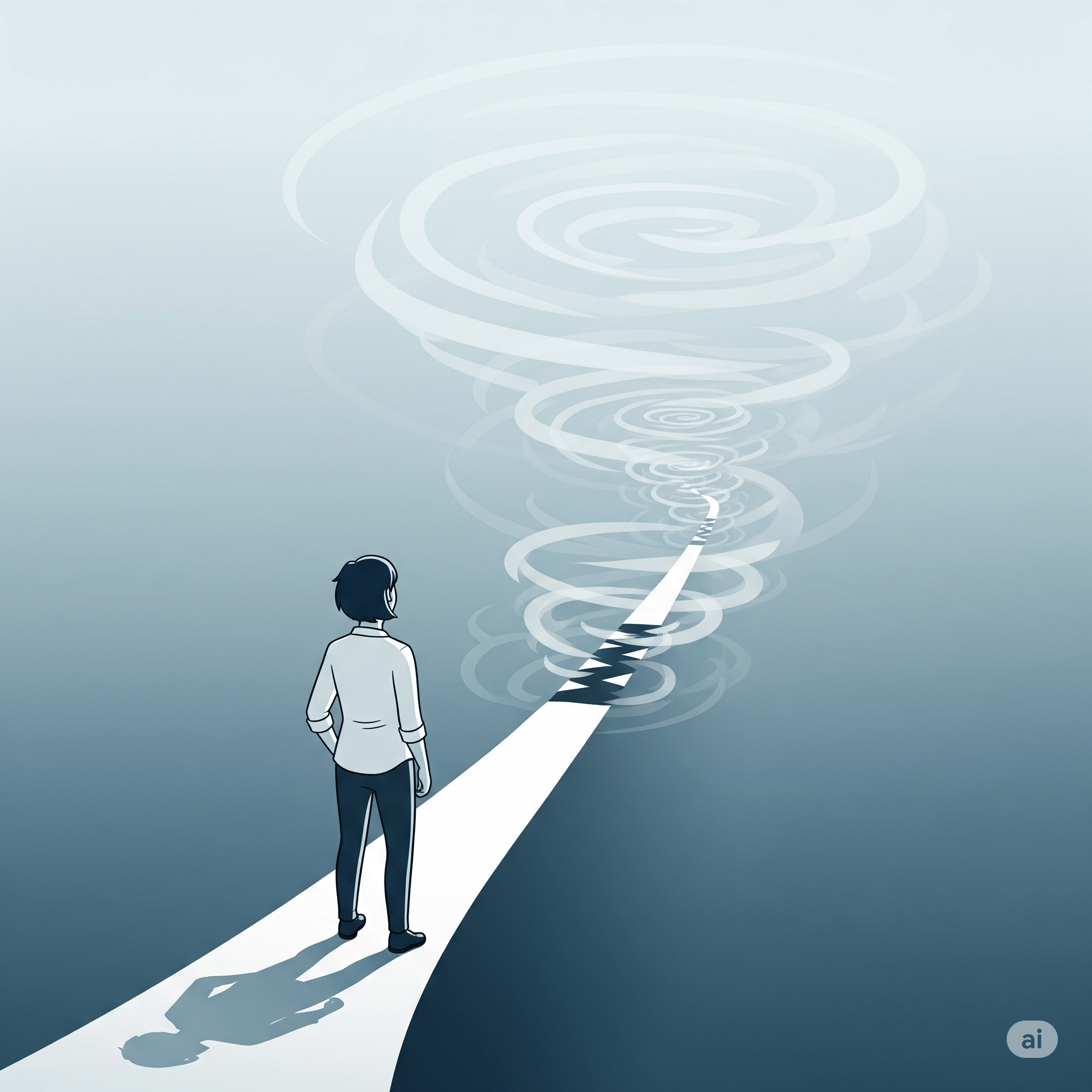 霧の中に続く一本道を見つめる人物の後ろ姿。債務整理後の先の見えない不安を抱える様子。